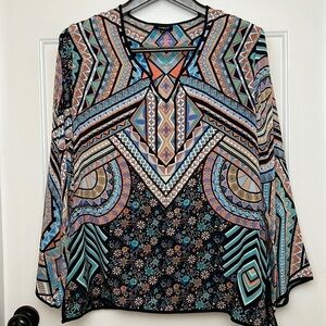Tolani Tunic Silk Top Long Sleeve Size Large Black, Blue and Salmon  Pattern